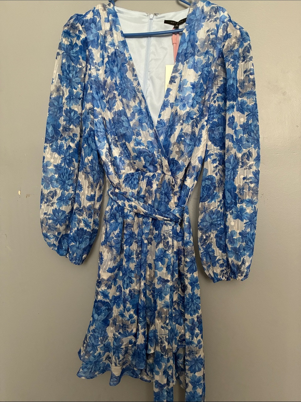 Alex Marie Blue and White Floral Wrap Dress with Puff Sleeves